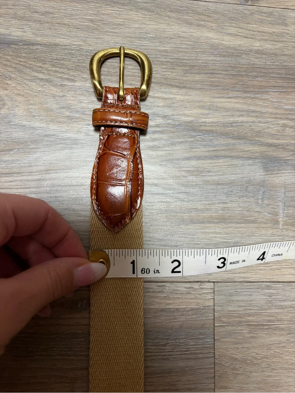 Men’s Woven Canvas Croc Embossed Leather Belt Tan Brown Solid Brass 36